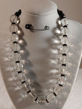 Clear Faceted Bead Necklace with Black Spacer Accents - Women Jewelry